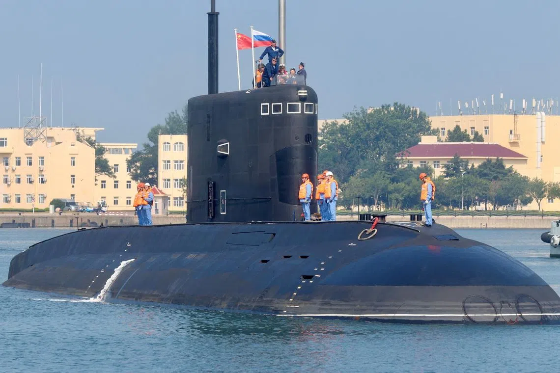 Russian Navy Kilo-class submarine Ufa arrives at a military port ahead of the \"Joint Sea-2026\" joint naval exercise between the Chinese and Russian navies in Qingdao, Shandong province, China, July 5, 2026. cnsphoto via REUTERS   ATTENTION EDITORS - THIS IMAGE WAS PROVIDED BY A THIRD PARTY. CHINA OUT. NO COMMERCIAL OR EDITORIAL SALES IN CHINA