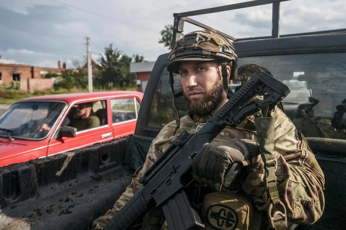A Ukrainian serviceman in Ukraine's Kharkiv region in July 2025.