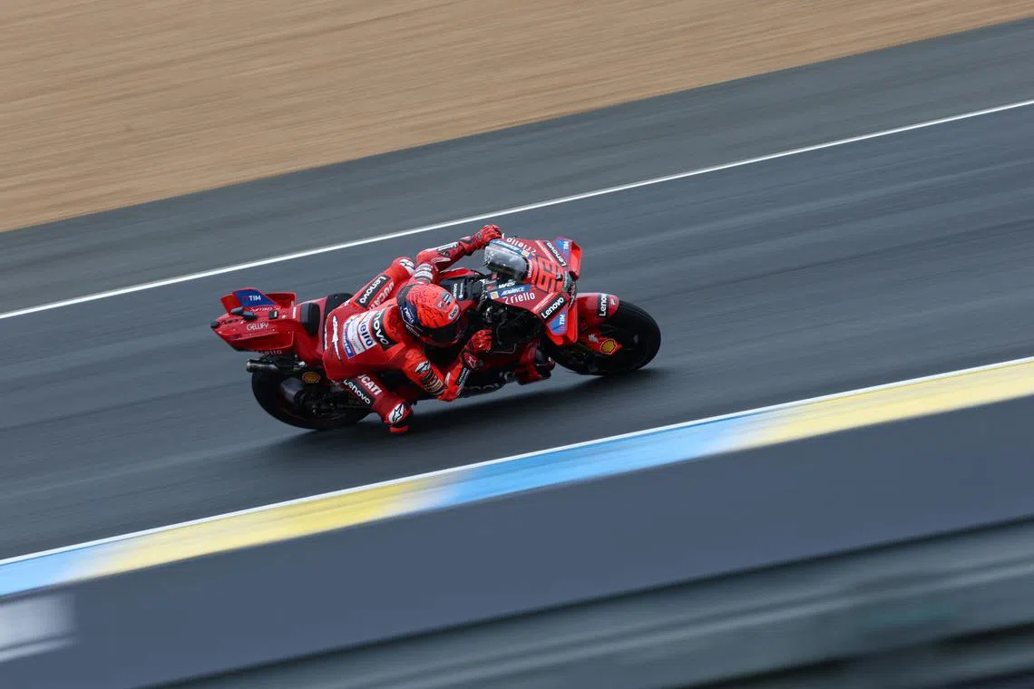 FILE PHOTO: MotoGP - French Grand Prix - Bugatti Circuit, Le Mans, France - May 11, 2025 Ducati Lenovo Team's Marc Marquez in action during the MotoGP race REUTERS/Stephane Mahe/File Photo