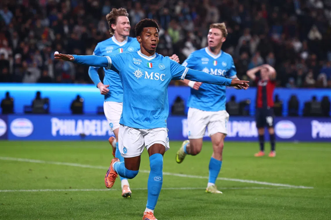 Soccer Football - Supercoppa Italiana - Final - Napoli v Bologna - Al Awwal Park, Riyadh, Saudi Arabia - December 22, 2025 Napoli's David Neres celebrates scoring their second goal REUTERS/Guglielmo Mangiapane