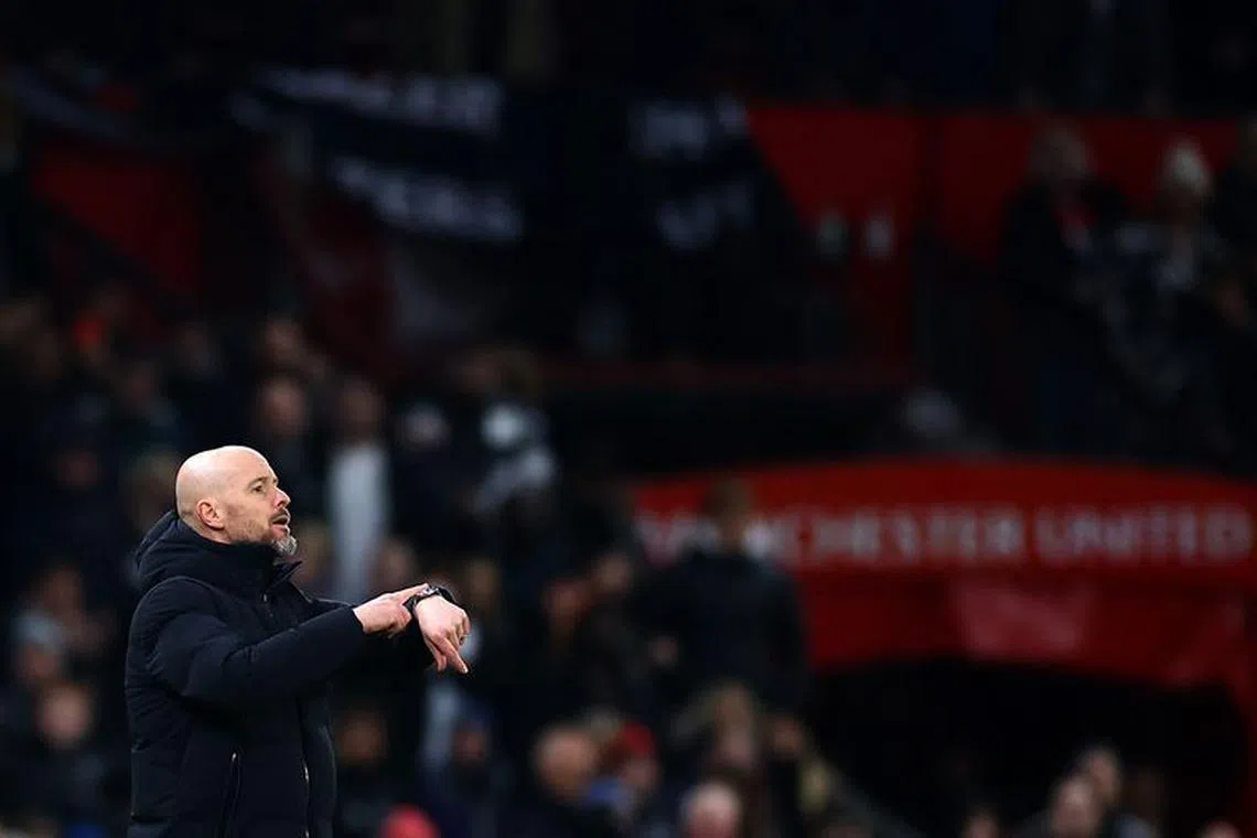 Soccer Football - Premier League - Manchester United v Aston Villa - Old Trafford, Manchester, Britain - December 26, 2023 Manchester United manager Erik ten Hag reacts REUTERS/Carl Recine