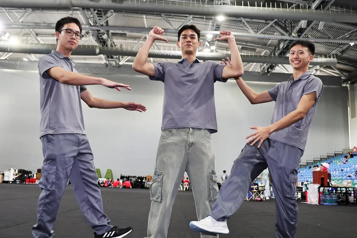 The three NSFs - (from left) LCP He Mingzhe, LCP Soh Jie Feng and LCP Javan Ng Jie Ren - are first-time mascot performers.