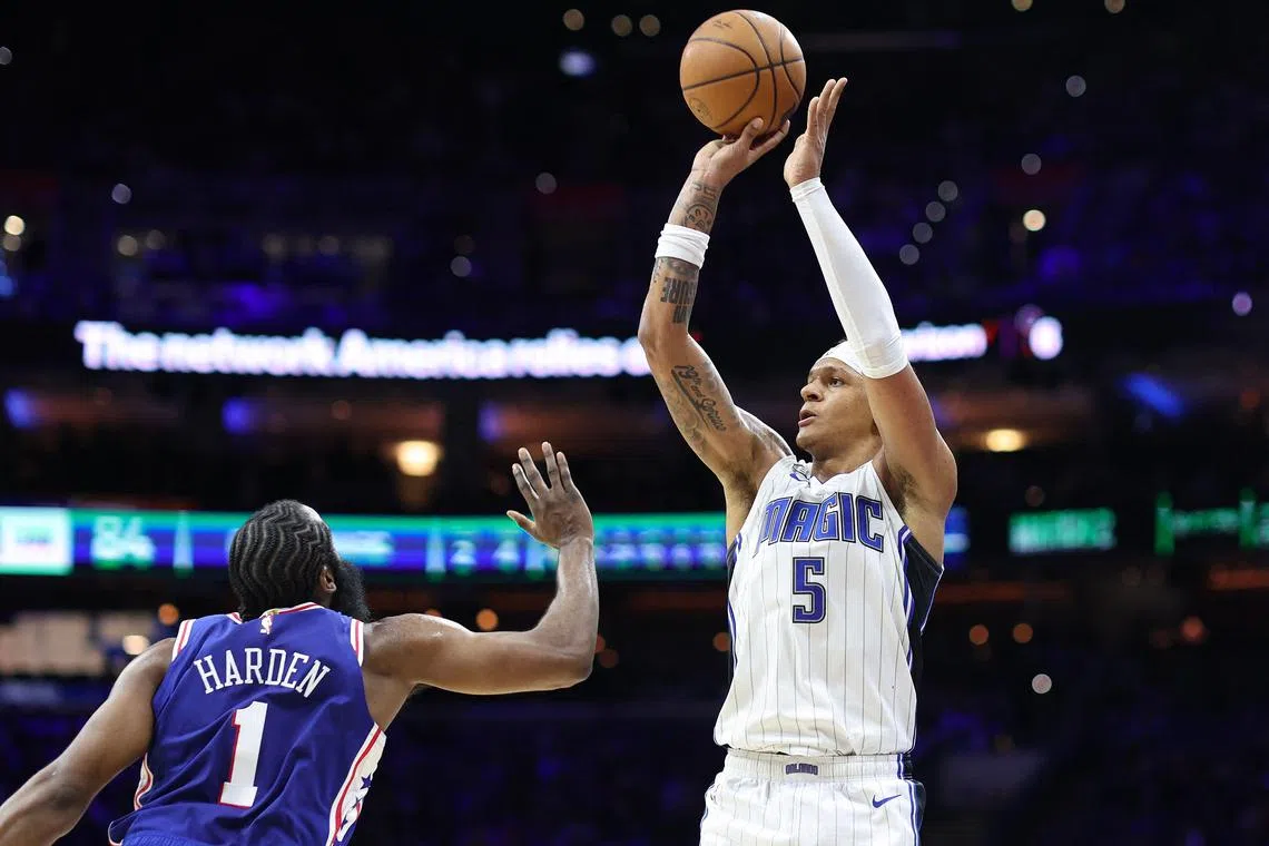Orlando's Paolo Banchero shooting over James Harden of the Philadelphia 76ers during Magic's 119-109 win against the hosts.