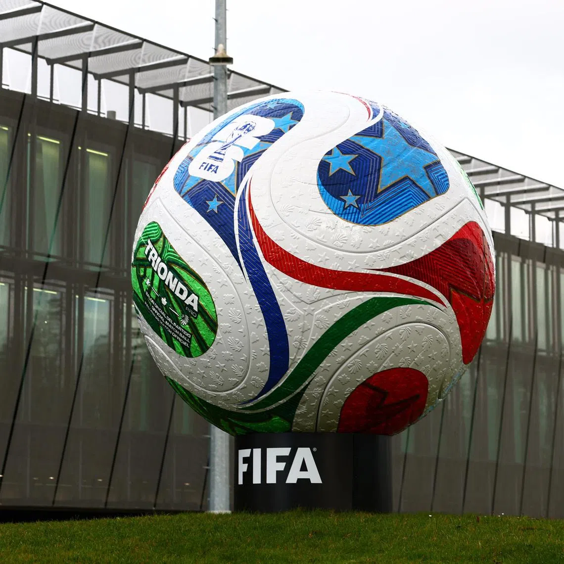 Soccer Football - World Cup Playoff Tournament and European Playoff draws - FIFA Headquarters, Zurich, Switzerland- November 20, 2025 General view of a built replica of Trionda, the official match ball for FIFA World Cup 2026 REUTERS/Denis Balibouse