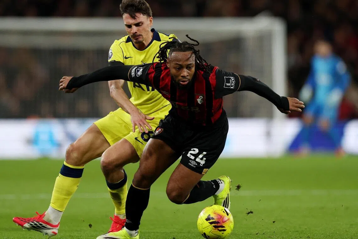 Bournemouth's Antoine Semenyo in action with Tottenham Hotspur's Joao Palhinha in a Premier League match on Jan 7.