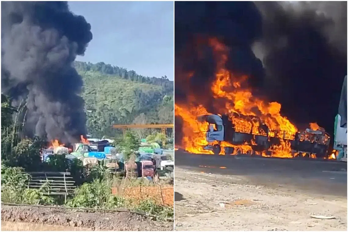Roughly 120 trucks, parked near the border crossing, went up in flames earlier in the week, with the junta blaming armed groups.