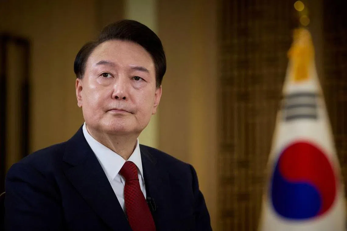 South Korean President Yoon Suk Yeol speaks during an interview with KBS at the Presidential Office in Seoul, South Korea, February 4, 2024. The Presidential Office/Handout via REUTERS/File Photo