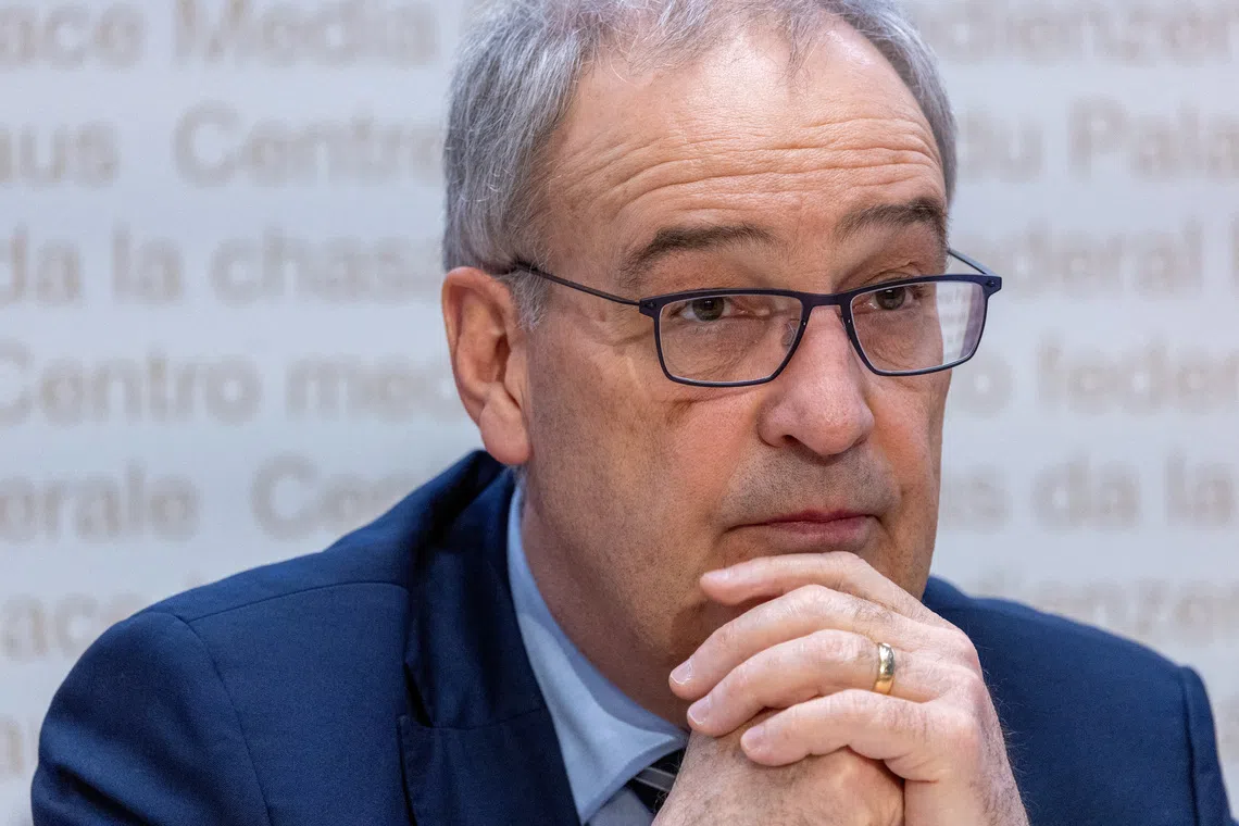 Swiss federal councillor Guy Parmelin attends a press conference after the weekly governmental meeting in Bern, Switzerland, January 29, 2025. REUTERS/Denis Balibouse