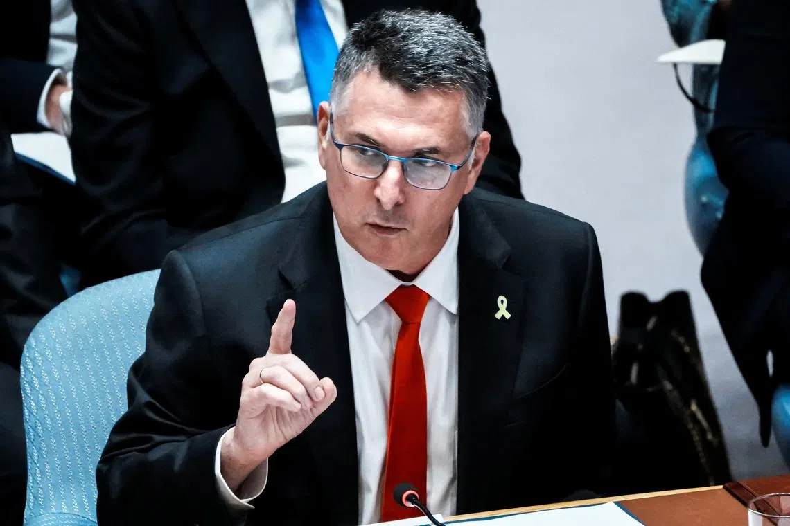 FILE PHOTO: Israeli Foreign Minister Gideon Saar speaks to delegates during a Security Council meeting at U.N. headquarters in New York City, U.S., August 5, 2025.  REUTERS/Eduardo Munoz/File Photo