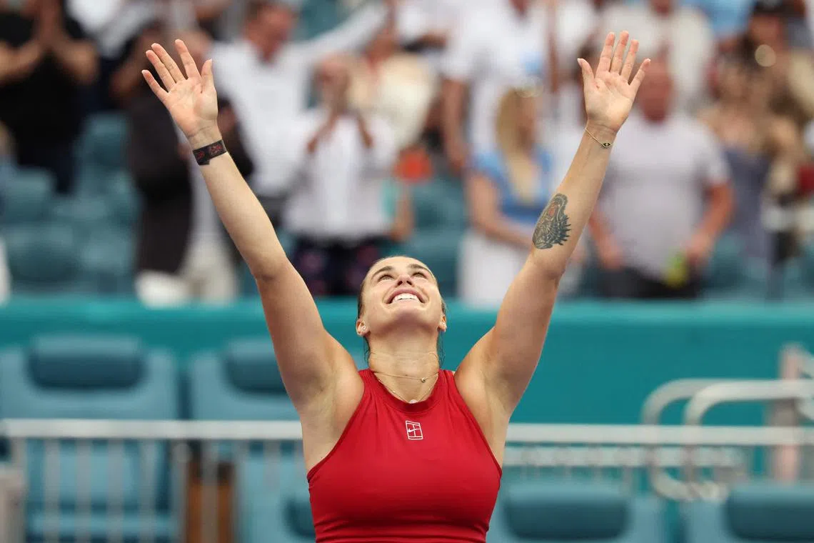 Aryna Sabalenka celebrates after defeating Jessica Pegula of the United States.