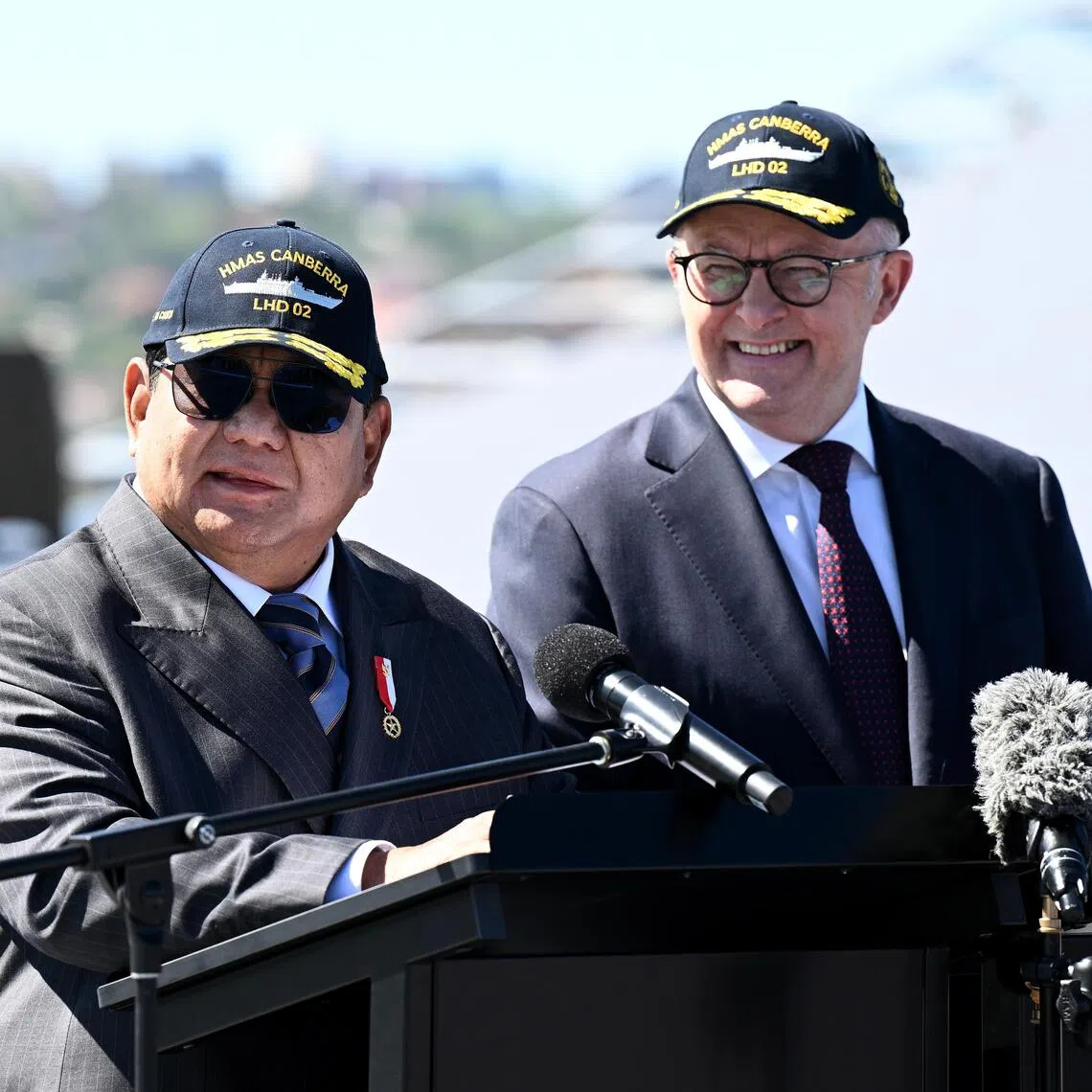 Australian Prime Minister Anthony Albanese (R) and Indonesian President Prabowo Subianto aboard HMAS Canberra at Fleet Base East, Sydney, on Nov 12, 2025. PHOTO: EPA
