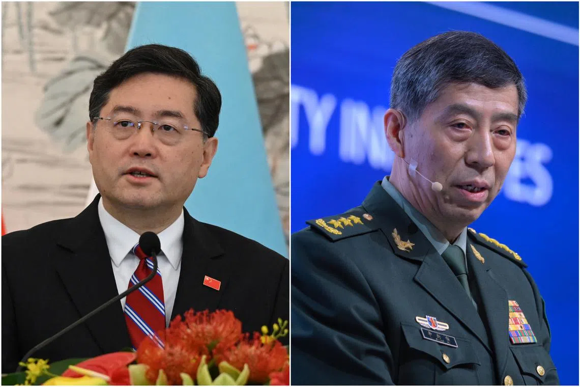 Mr Qin Gang (left) was ousted after an alleged affair with a Chinese reporter while serving as China’s ambassador to the US from 2021 to 2022. General Li Shangfu is reportedly under investigation for corruption.