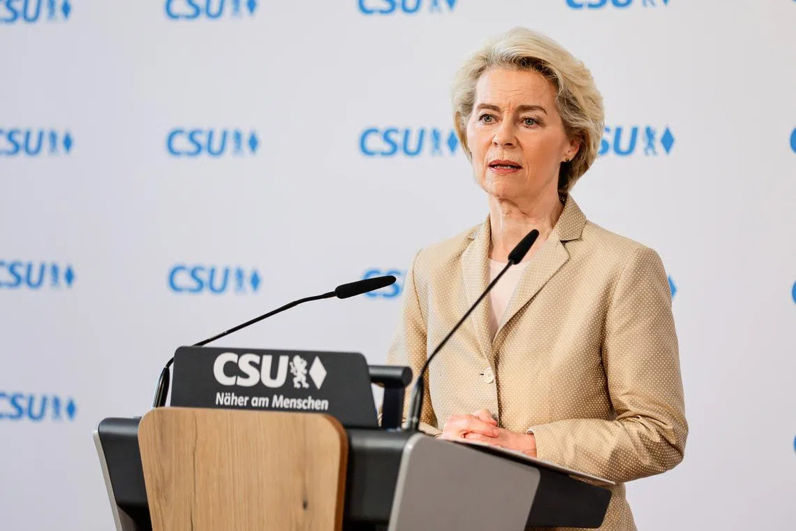 European Commission President Ursula von der Leyen speaks during a press statement for the 'Transatlantic Forum' as a side event of the 60th Munich Security Conference (MSC), in Munich, Germany, 16 February 2024.