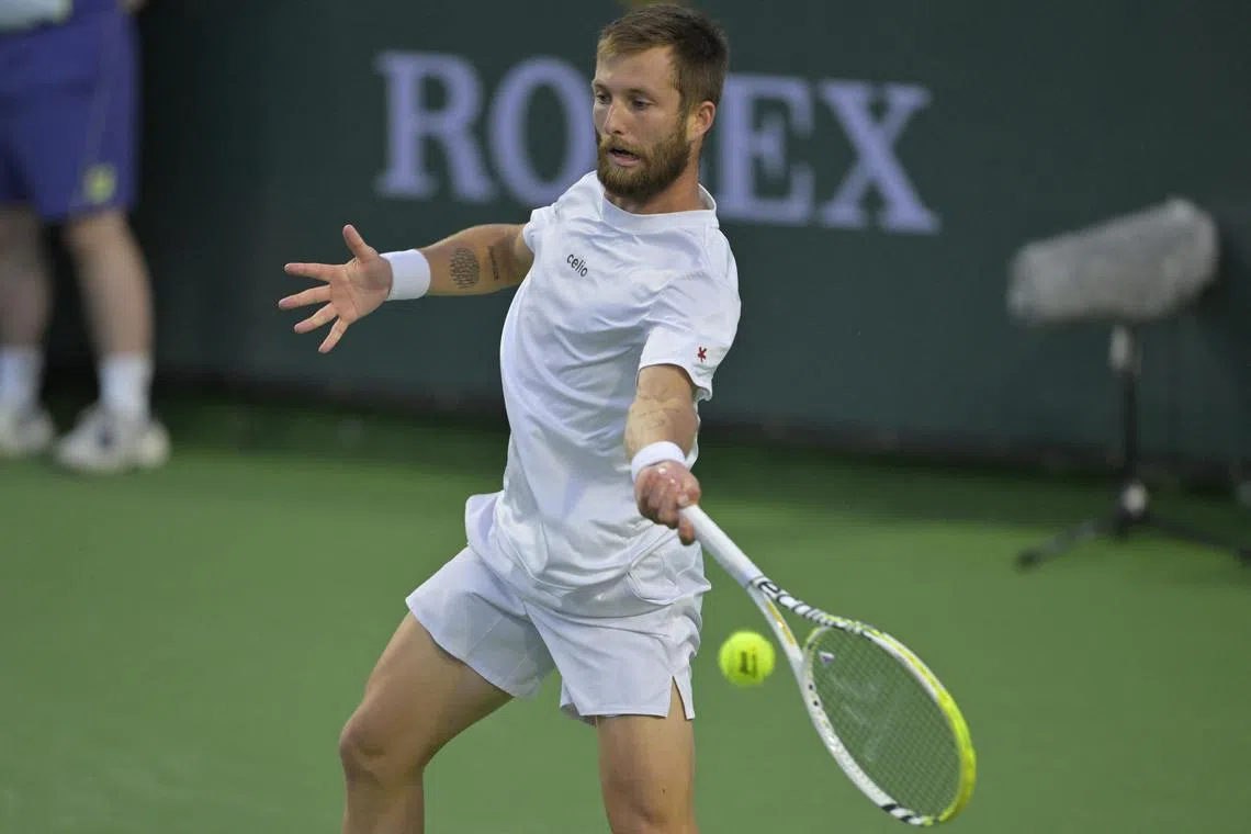 France's Corentin Moutet in his second-round match during the BNP Paribas Open at the Indian Wells Tennis Garden in California on March 7, 2025.