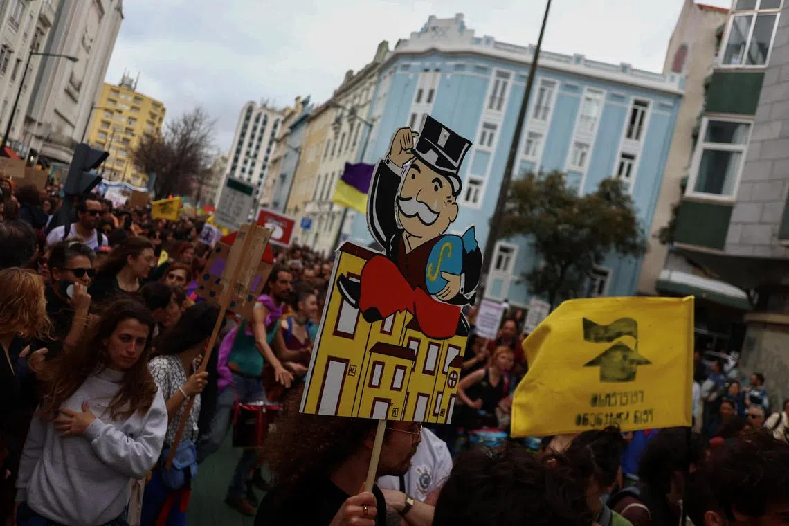 People demonstrate for affordable housing rights in Lisbon, Portugal.
