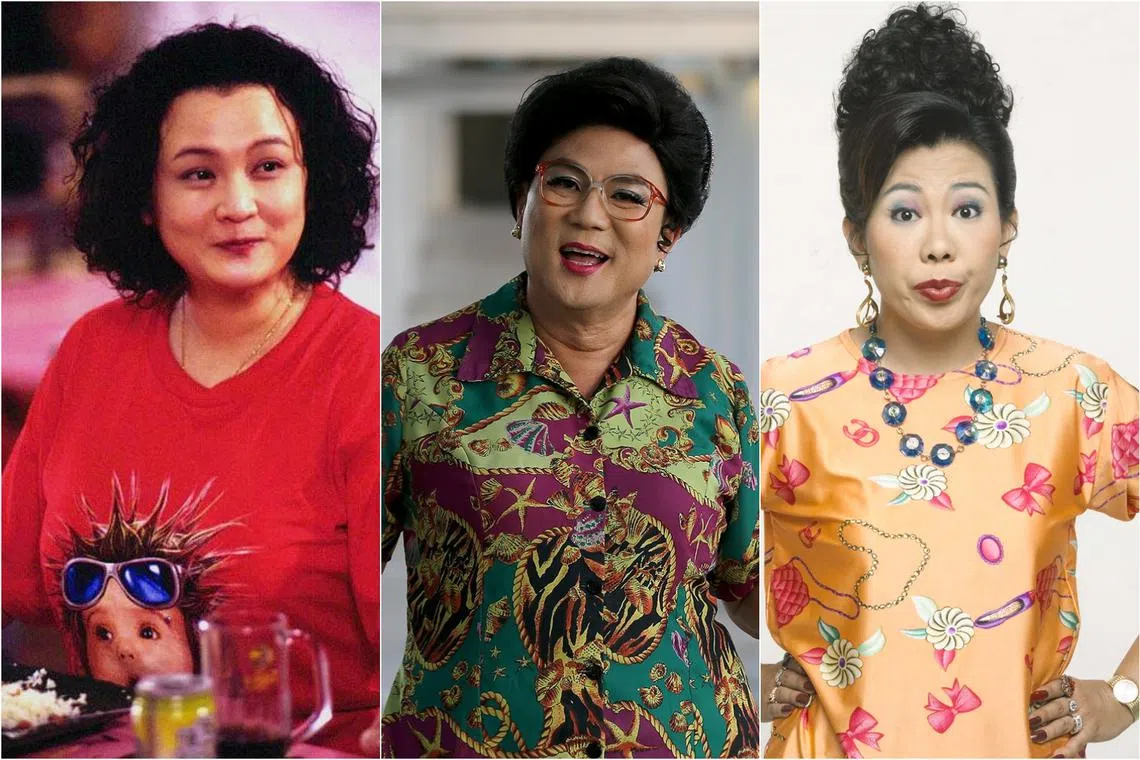 Popular Ah Soh characters on television include (from left) Mo Wanwan played by Chen Liping in 2003 serial Holland V, Liang Ximei played by Jack Neo, and Rosie Phua from sitcom Phua Chu Kang, played by Irene Ang.