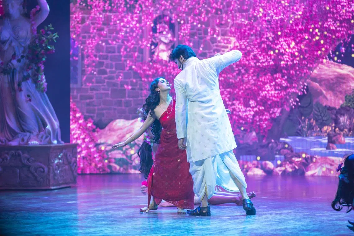 (from left) Paro (played by Aanchal Chauhan) is the childhood love of the musical's titular Devdas (Sunil Kumar Palwal).