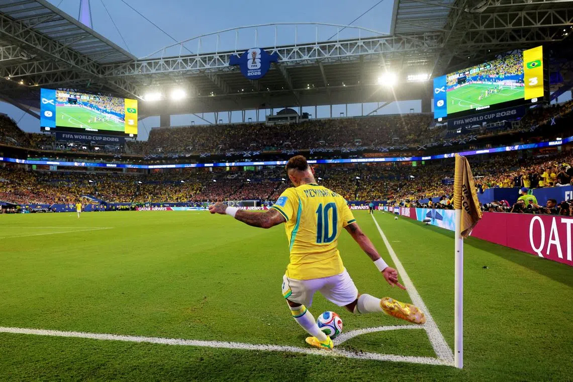 Soccer Football - FIFA World Cup 2026 - Group C - Scotland v Brazil - Miami Stadium, Miami Gardens, Florida, U.S. - June 24, 2026 Brazil's Neymar Jr. takes a corner kick IMAGN IMAGES via Reuters/Sam Navarro
