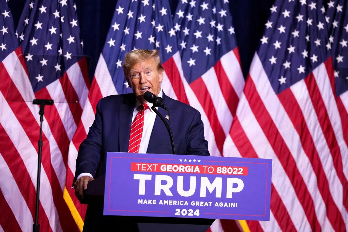 FILE PHOTO: Republican presidential candidate and former U.S. President Donald Trump speaks during a campaign rally at the Forum River Center in Rome, Georgia, U.S. March 9, 2024. REUTERS/Alyssa Pointer/File Photo
