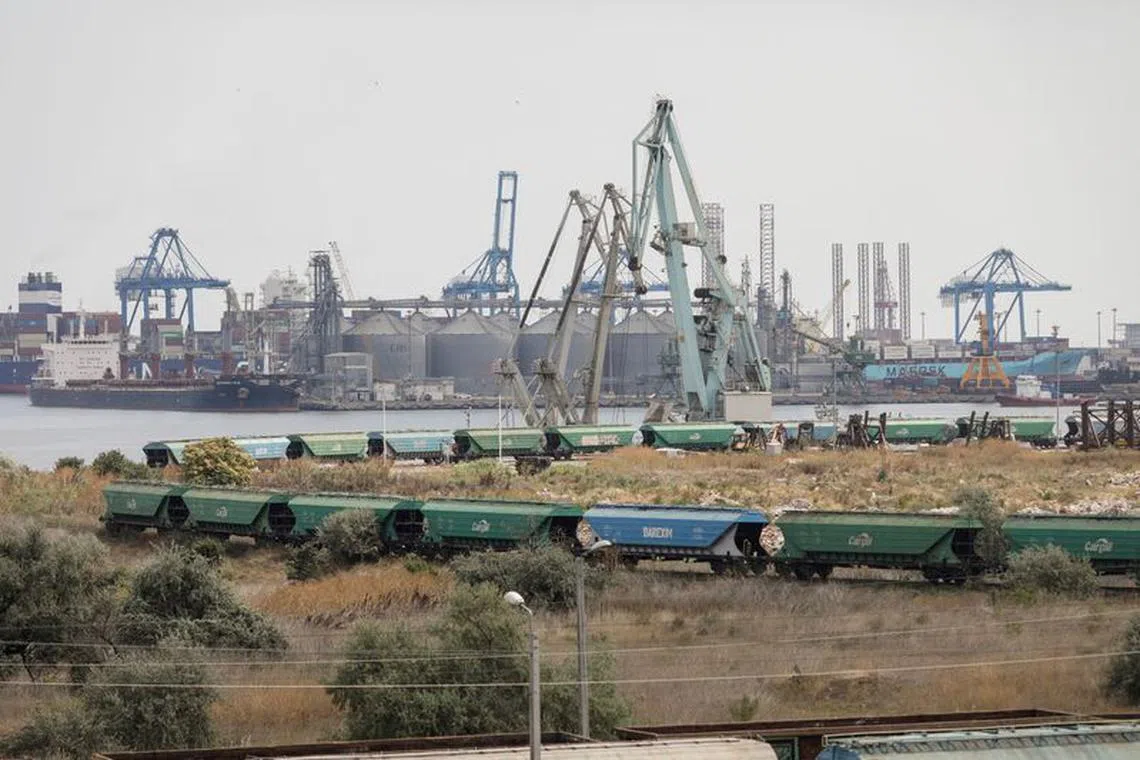 FILE PHOTO: Trains carrying grains can be seen entering the grain terminal in Constanta harbour, in Constanta, Romania, August 1, 2022. Inquam Photos/George Calin/File Photo