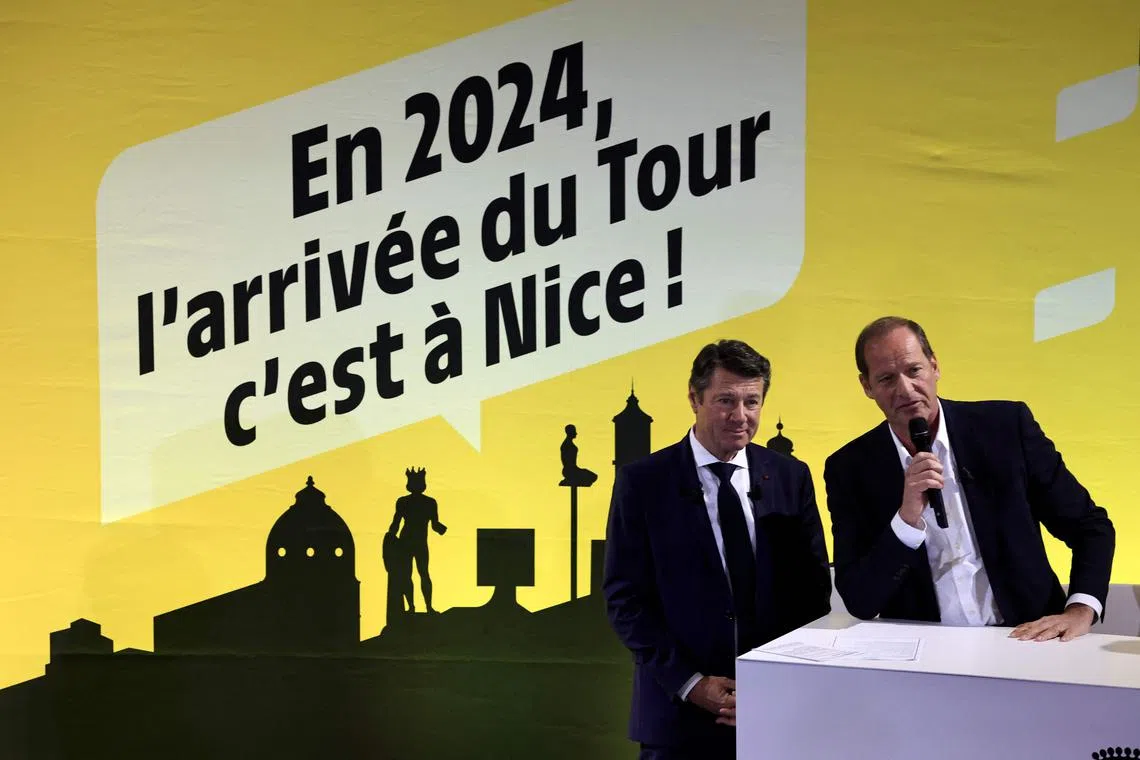 Tour de France general director Christian Prudhomme (right) and Mayor of Nice Christian Estrosi announcing that Nice will host the final stage of the 2024 race.