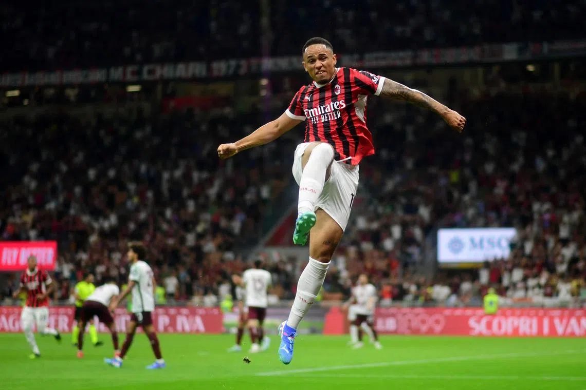FILE PHOTO: Soccer Football - Serie A - AC Milan v Torino - San Siro, Milan, Italy - August 17, 2024 AC Milan's Noah Okafor celebrates scoring their second goal REUTERS/Daniele Mascolo/File Photo