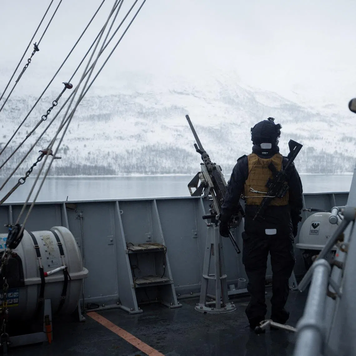Conscripted gunner on KNM Thor Heyerdahl maintains his vessel's close defense in coastal environments off Harstad, Norway at the start of exercise Cold Response 2026 in this undated photo released by Norwegian Defense. Orjan Andreassen/Forsvaret/Handout via REUTERS.