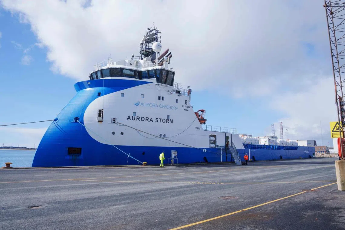 The Auroa Storm supply vessel stands ready to transport captured CO2 at the port of Esbjerg on March 8, 2023.