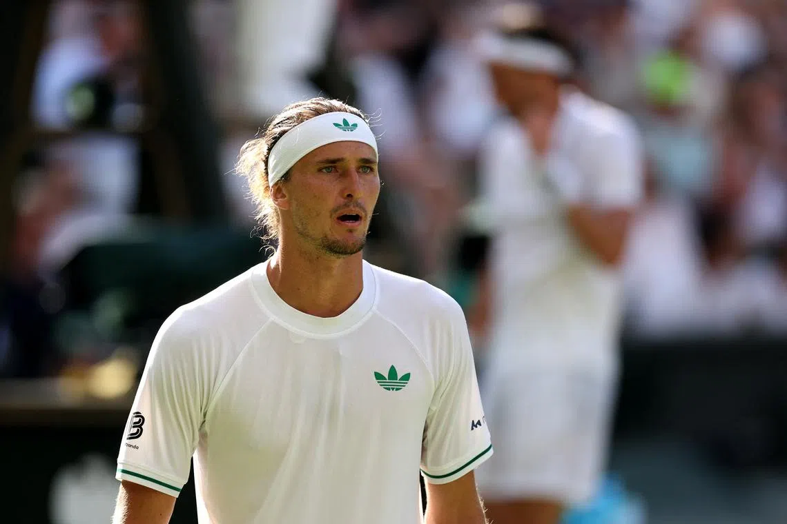Tennis - Wimbledon - All England Lawn Tennis and Croquet Club, London, Britain - July 1, 2025 Germany's Alexander Zverev during his first round match against France's Arthur Rinderknech REUTERS/Toby Melville
