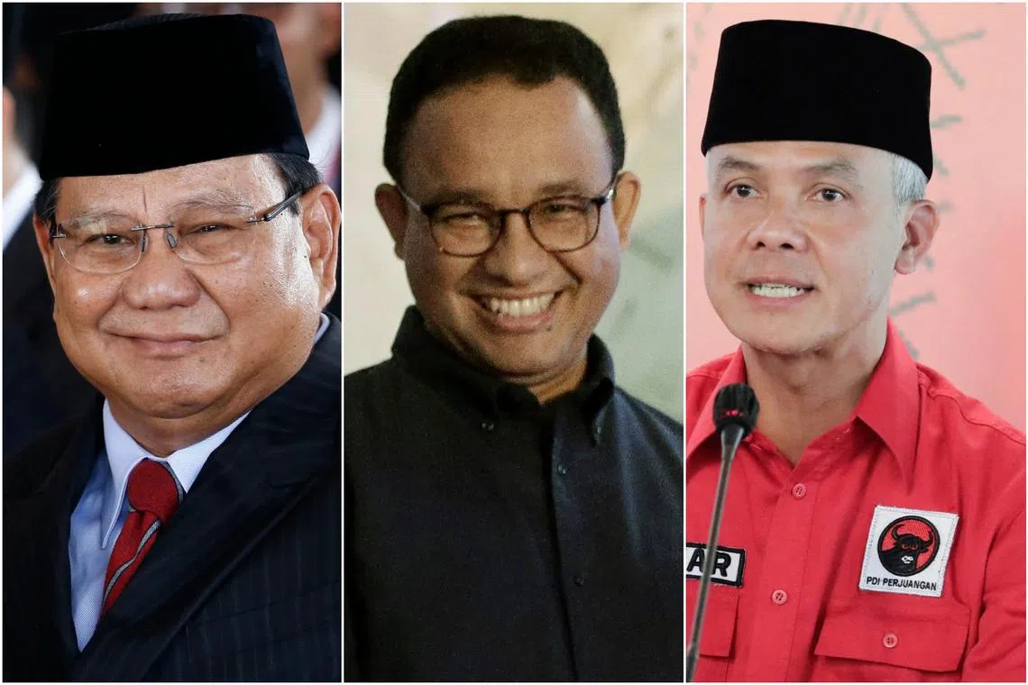 (From left) Defence Minister Prabowo Subianto, former Jakarta governor Anies Baswedan and Central Java Governor Ganjar Pranowo.