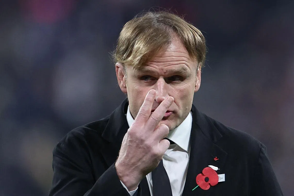 New Zealand's coach Scott Robertson gesturing during the warmup ahead of the Autumn Nations Series international rugby union Test match between France and New Zealand at the Stade de France in Saint-Denis on Nov 16. It is one of four matches the All Blacks lost in 2024.
