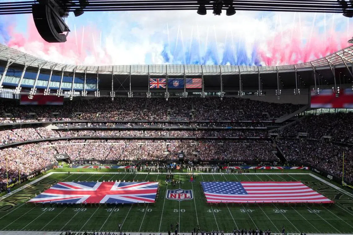 FILE PHOTO: Oct 2, 2022; London, United Kingdom; A general overall view of British and United Stages flags on the field during the playing of the national anthem before an NFL International Series game between the New Orleans Saints and the Minnesota Vikings at Tottenham Hotspur Stadium. Mandatory Credit: Kirby Lee-USA TODAY Sports/File Photo