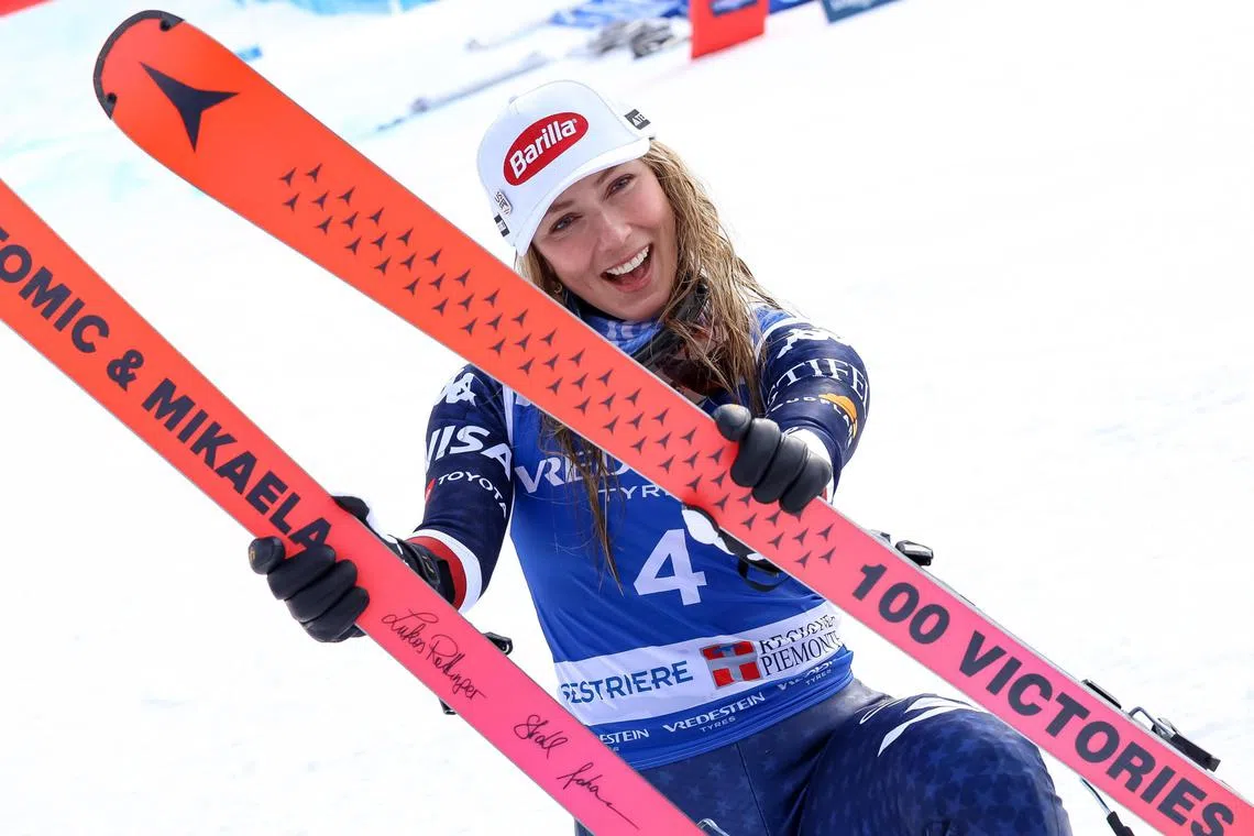 Winner Mikaela Shiffrin of the United States celebrating in the finishing area after the Women's Slalom race at the FIS Alpine Skiing World Cup event in Sestriere, Italy, on Feb 23.