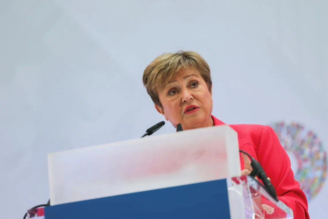 FILE PHOTO: International Monetary Fund (IMF) Managing Director Kristalina Georgieva delivers remarks on the global economy, ahead of the IMF/World Bank Spring Meetings, at the IMF headquarters in Washington, D.C., U.S., April 17, 2025. REUTERS/Leah Millis/File Photo