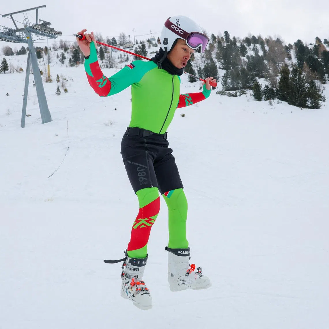 French-Kenyan skier Issa Laborde, representing Kenya, warms up before a training session ahead of the alpine skiing giant slalom race at the Milano Cortina 2026 Winter Olympics, in Bormio, Italy, February 10, 2026. REUTERS/Denis Balibouse