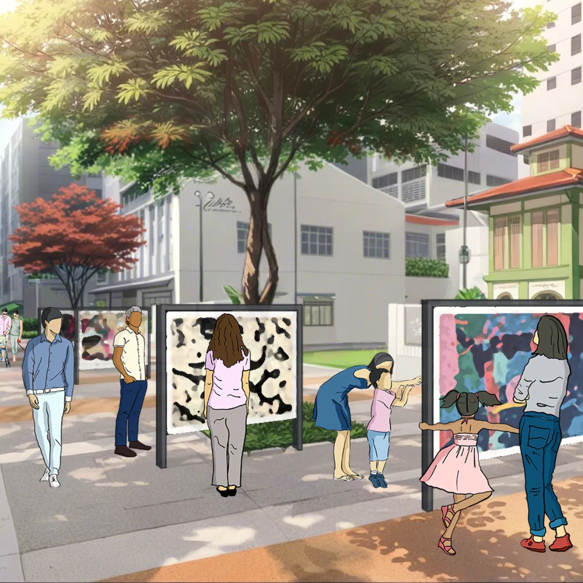 An artist’s illustration of public events and activities taking place in Waterloo Street.