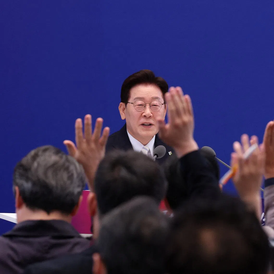 South Korean President Lee Jae Myung takes questions during a press conference to mark the first anniversary of his inauguration at Yeongbingwan of Blue House on June 08, 2026 in Seoul, South Korea. Chung Sung-Jun/Pool via REUTERS