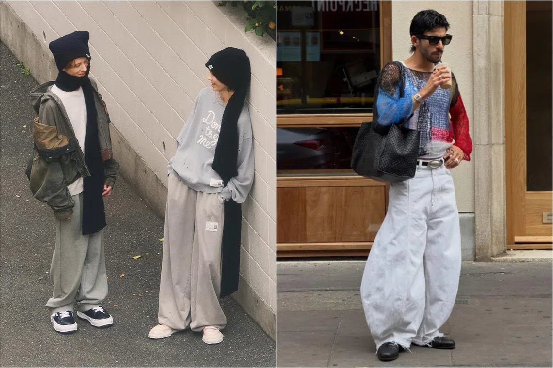 Outfits from Maison Mihara Yasuhiro (left) and content creator Olaf Hernandez (right), a proponent of the “messy boy” aesthetic.