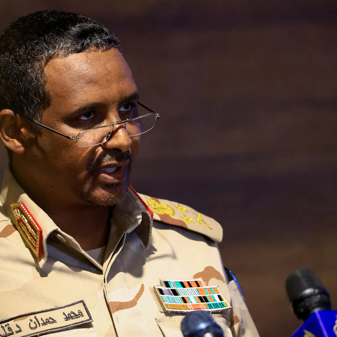 Deputy head of Sudan's sovereign council General Mohamed Hamdan Dagalo speaks during a press conference at Rapid Support Forces head quarter in Khartoum, Sudan February 19, 2023. REUTERS/Mohamed Nureldin Abdallah