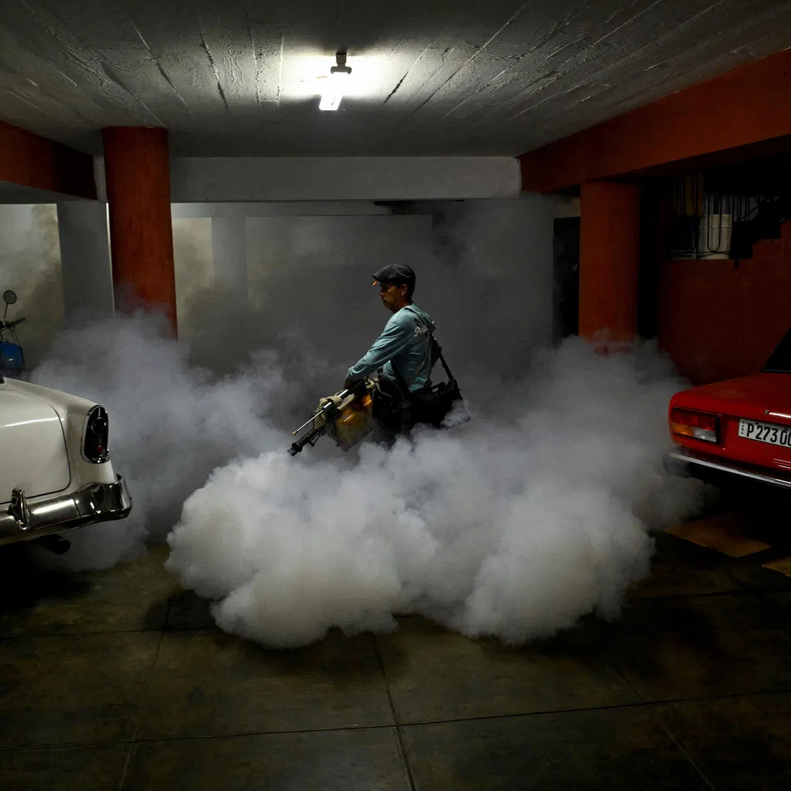 State worker Arnaldo Alvarez uses a fogging machine to fumigate inside a garage as part of a public health campaign against the spread of mosquito-transmitted virus that causes Chikungunya, in Havana, Cuba November 13, 2025. REUTERS/Norlys Perez     TPX IMAGES OF THE DAY