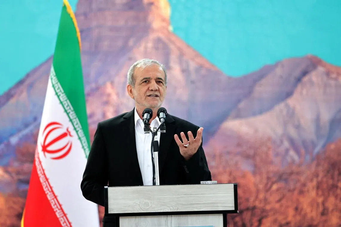 Iranian President Masoud Pezeshkian speaks during a meeting in Ilam, Iran, June 12, 2025. Iran's Presidential website/WANA (West Asia News Agency)/Handout via REUTERS/File Photo