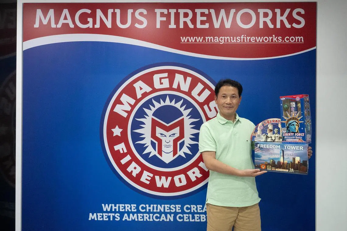mzdecouple - Mr Marx Wu posing with some of his company’s firework products for United States Independence Day celebrations at his office in Liuyang, Hunan province.
ST PHOTO: LIM MIN ZHANG