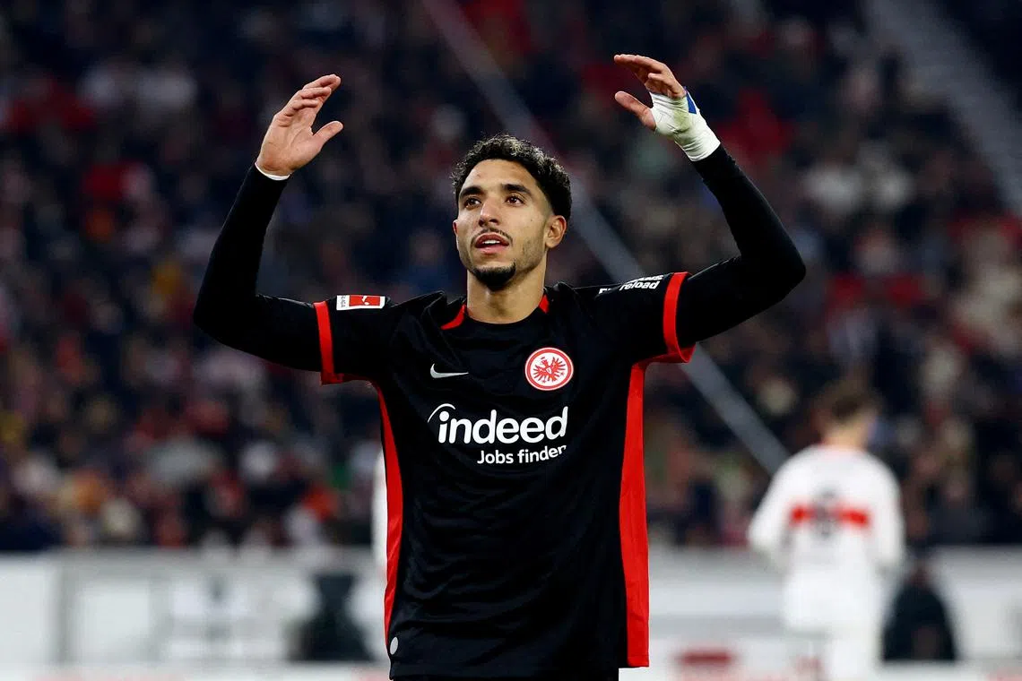FILE PHOTO: Soccer Football - Bundesliga - VfB Stuttgart v Eintracht Frankfurt - MHPArena, Stuttgart, Germany - November 10, 2024 Eintracht Frankfurt's Omar Marmoush celebrates their second goal REUTERS/Kai Pfaffenbach/File Photo