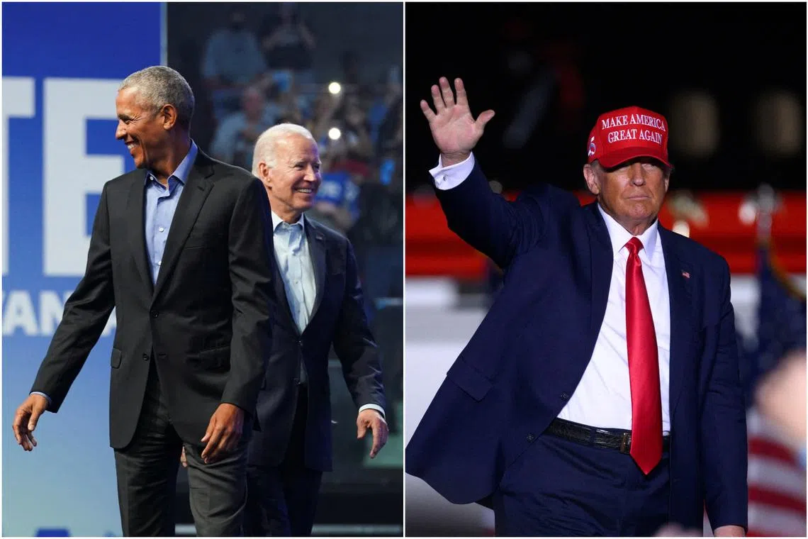 (From left) Former US president Barack Obama US president Joe Biden and former US president Donald Trump at a rally in Pennsylvania on Nov 5, 2022. 