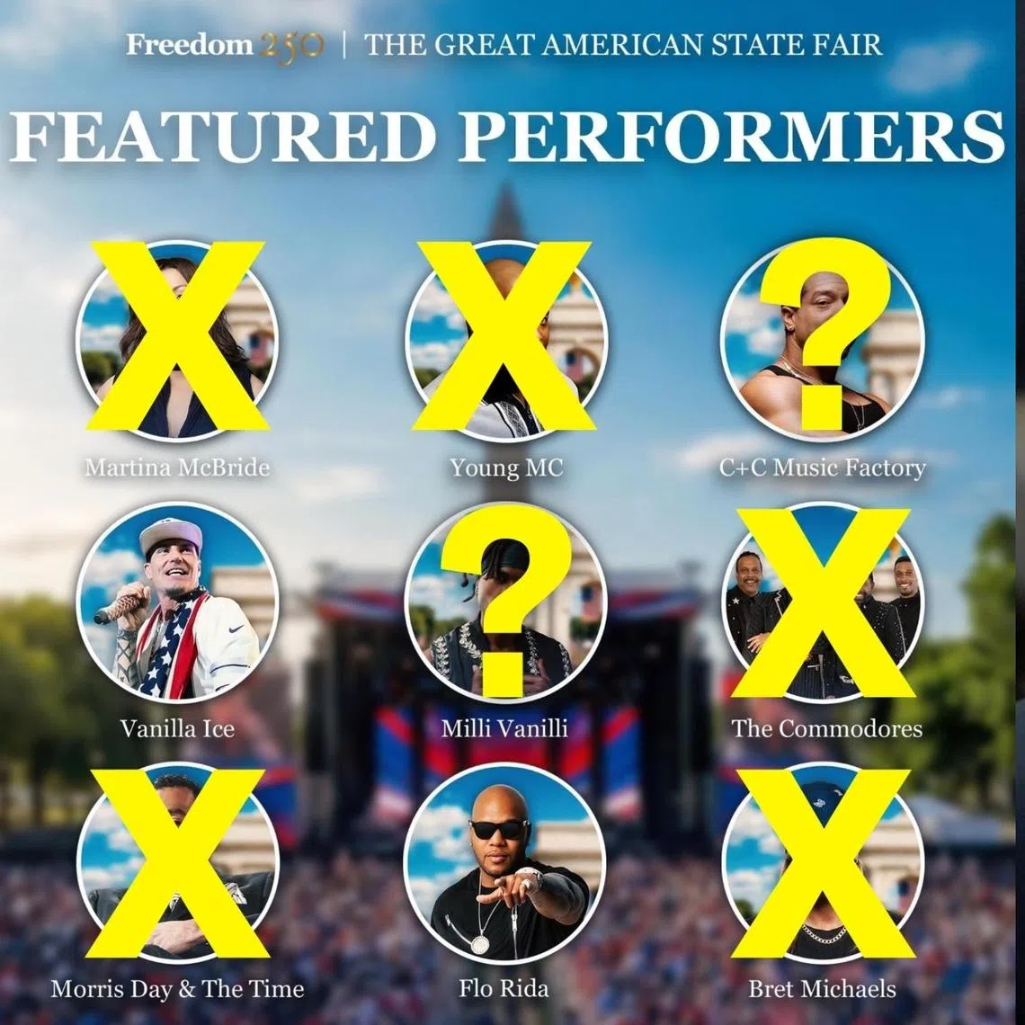 The Democratic Party trolled US President Donald Trump on X over the artists who have cancelled, by crossing them out on the original Freedom 250 image used to promote Mr Trump's anniversary concert.