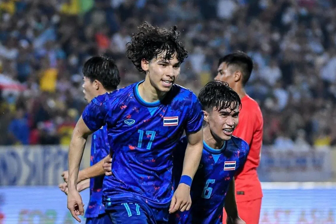 Thailand's Ben Davis (No. 17) after scoring in a 5-0 win over Singapore at the Hanoi SEA Games on May 9, 2022.