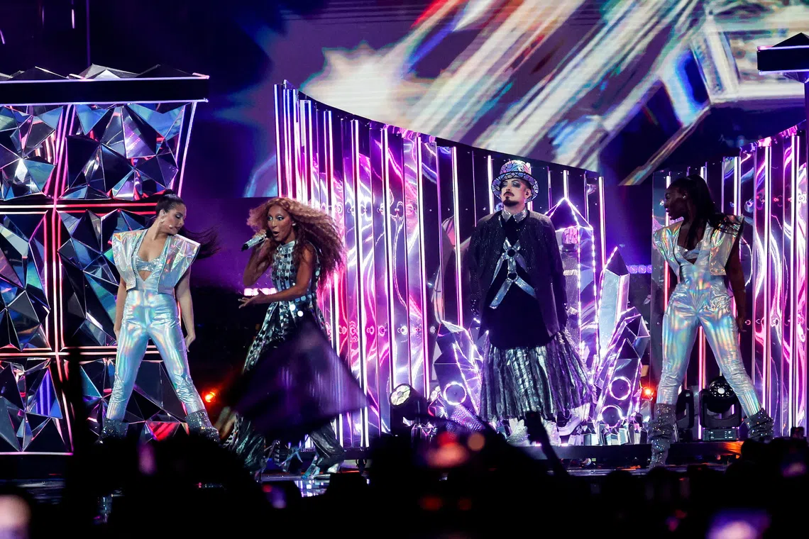 Boy George (second from right) performs during the 2026 Eurovision Song Contest on May 12.