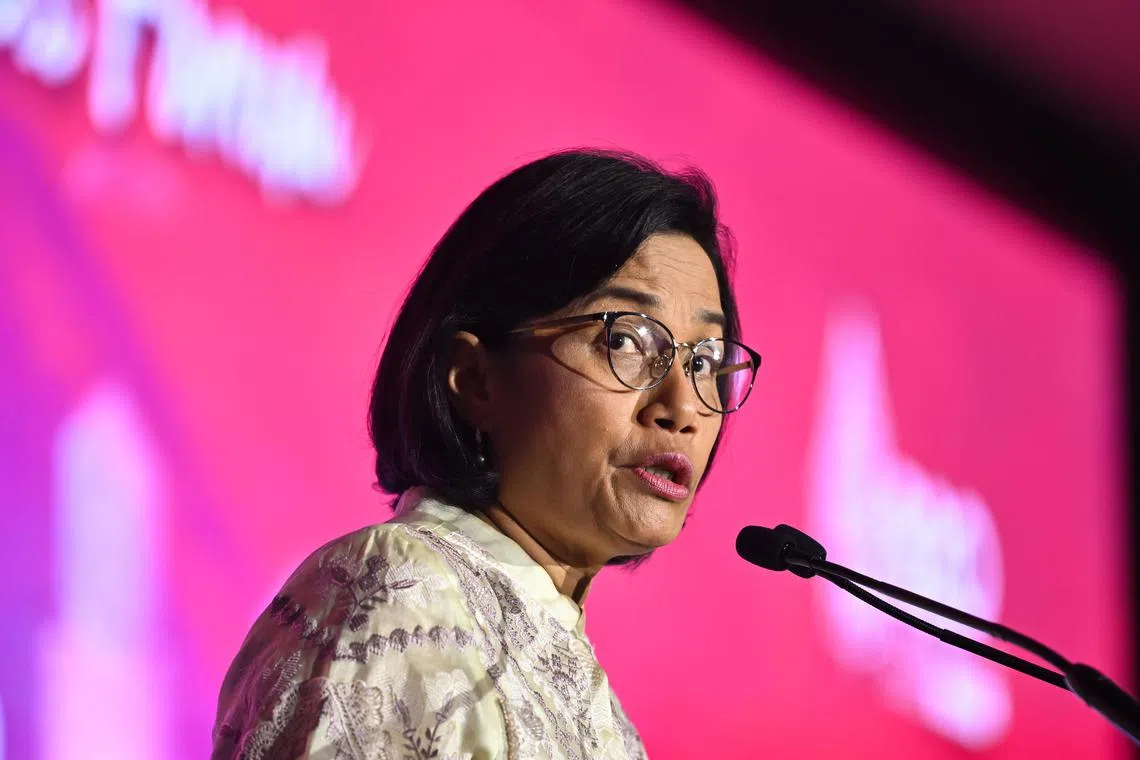 Indonesia’s Finance Minister Sri Mulyani Indrawati speaking at Hilton Singapore Orchard Hotel on June 14, 2022.