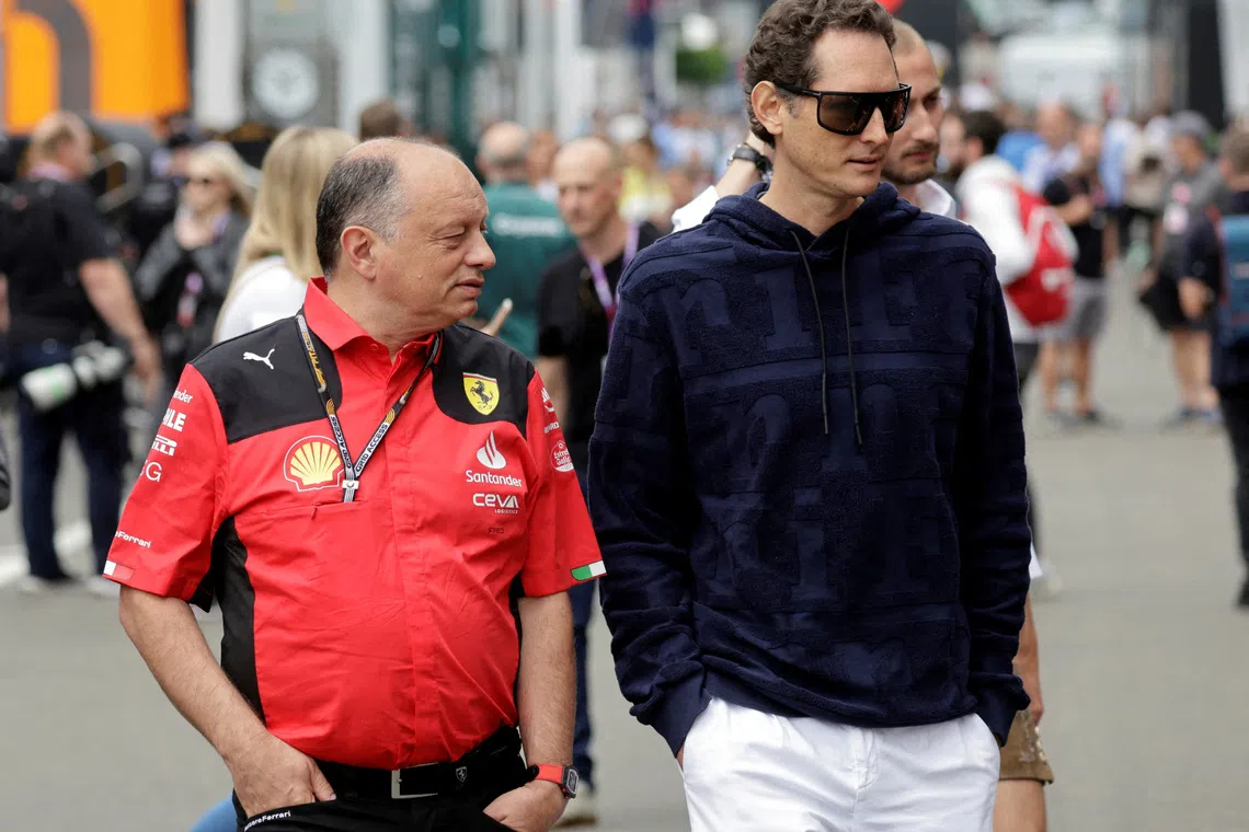 Formula One F1 - Austrian Grand Prix - Red Bull Ring, Spielberg, Austria - July 2, 2023 Ferrari's team principal Frederic Vasseur and Ferrari CEO John Elkann before the race REUTERS/Leonhard Foeger