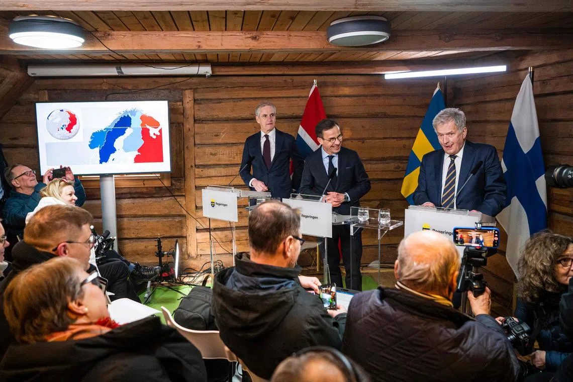 (From right) Finland's Mr Niinisto addresses a press conference with Sweden's Mr Kristersson and Norway's Mr Store, following a security meeting in Sweden.